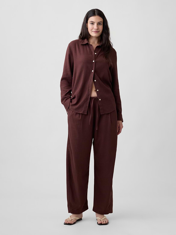 Mid Rise Pull-On Linen-Blend Barrel Pants