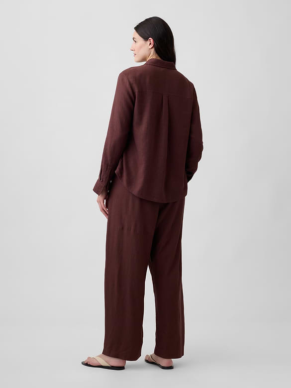 Mid Rise Pull-On Linen-Blend Barrel Pants