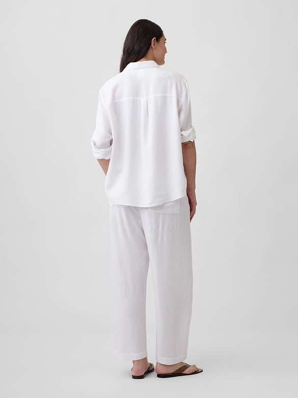 Mid Rise Pull-On Linen-Blend Barrel Pants