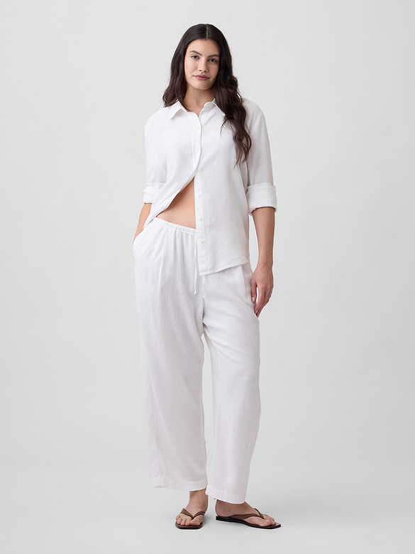 Mid Rise Pull-On Linen-Blend Barrel Pants