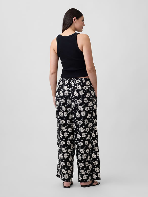 Mid Rise Pull-On Wide-Leg Linen-Blend Pants