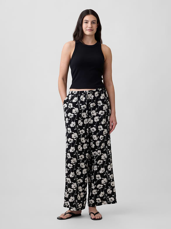 Mid Rise Pull-On Wide-Leg Linen-Blend Pants
