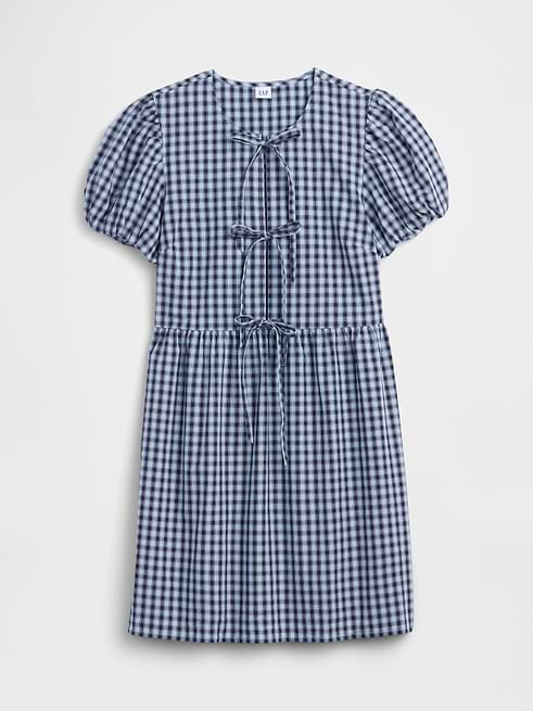 gap blue and white dress Factory Women's Puff Sleeve Tie-Front Mini Plaid Combo Size XL XS-4XB:3XL Birthday Dresses – Runway drawstring ties at front Winters