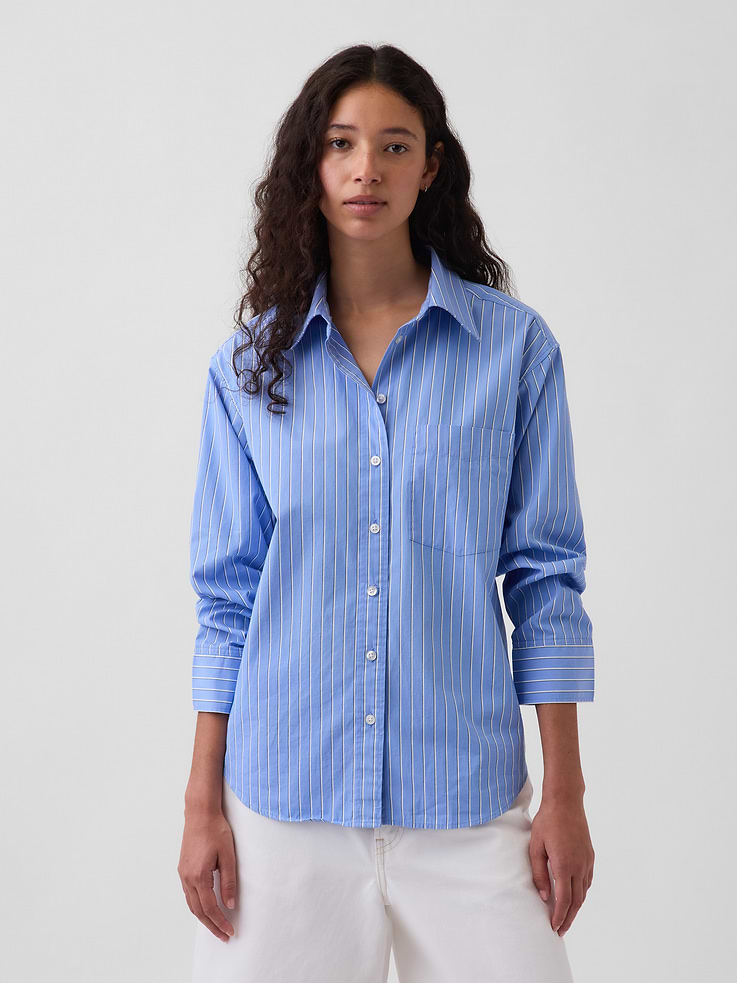 Image number 1 showing, Organic Cotton Poplin Oversized Ruched-Sleeve Shirt