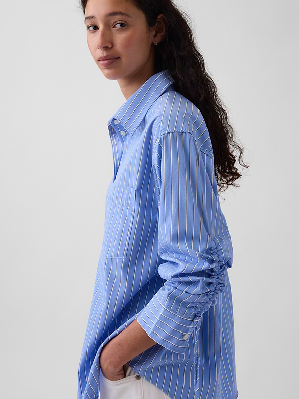 Organic Cotton Poplin Oversized Ruched-Sleeve Shirt
