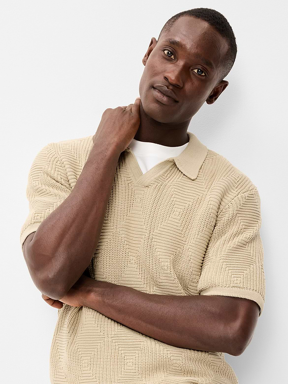 Mixed-Stitch Polo Sweater