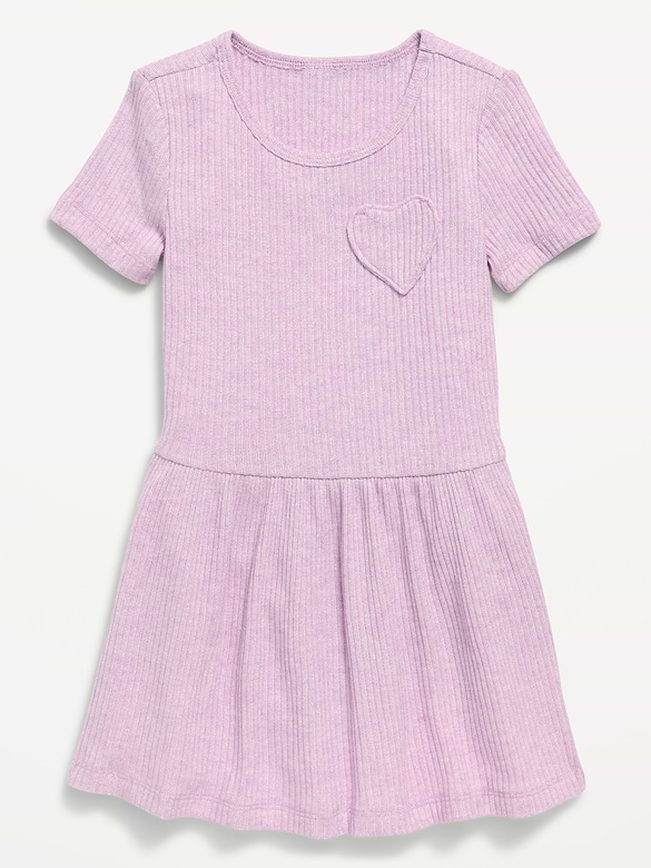 Short-Sleeve Ribbed Heart Pocket Dress for Toddler Girls