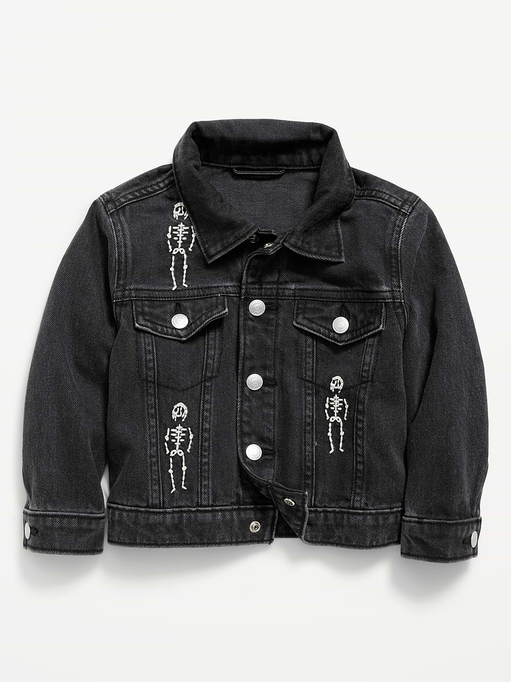 Image 1 of 2, pointed collar, long sleeves, buttoned cuffs, full-length snap-close placket, faux flap pockets at chest, functional welt pockets, embroidered skeletons at front, Product #908544