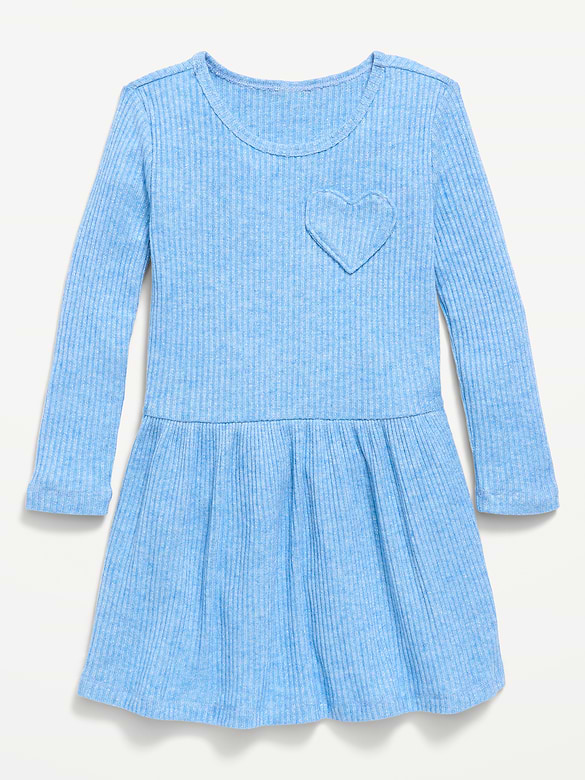 Long-Sleeve Ribbed Heart Pocket Dress for Toddler Girls