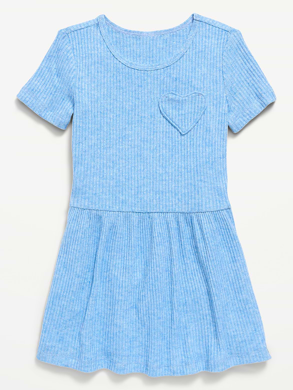Short-Sleeve Ribbed Heart Pocket Dress for Toddler Girls