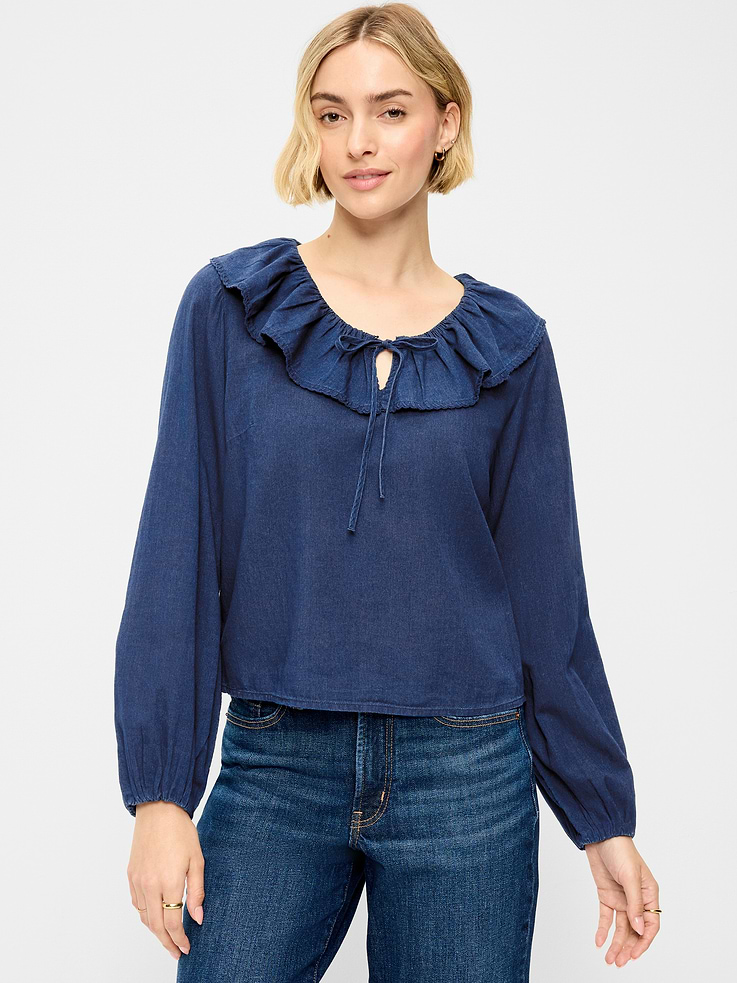 Image number 1 showing, Long-Sleeve Ruffle Tie-Neck Top