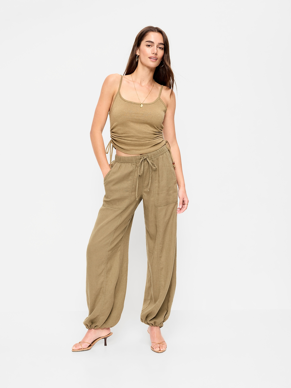 Mid-Rise Linen-Blend Cinched-Ankle Pants | Old Navy