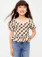 Image number 1 showing, Fitted Short Puff-Sleeve Crinkled Plaid Top for Girls