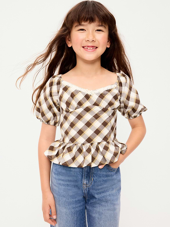 Fitted Short Puff-Sleeve Crinkled Plaid Top for Girls
