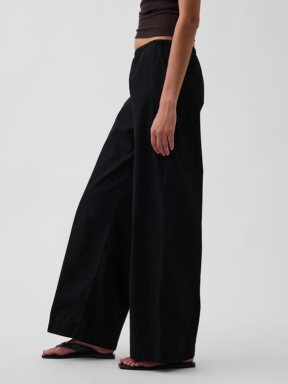Mid Rise Poplin Relaxed Easy Wide-Leg Pants