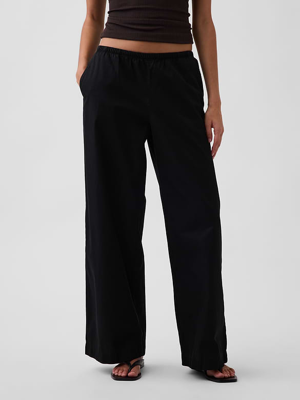 Mid Rise Poplin Relaxed Easy Wide-Leg Pants