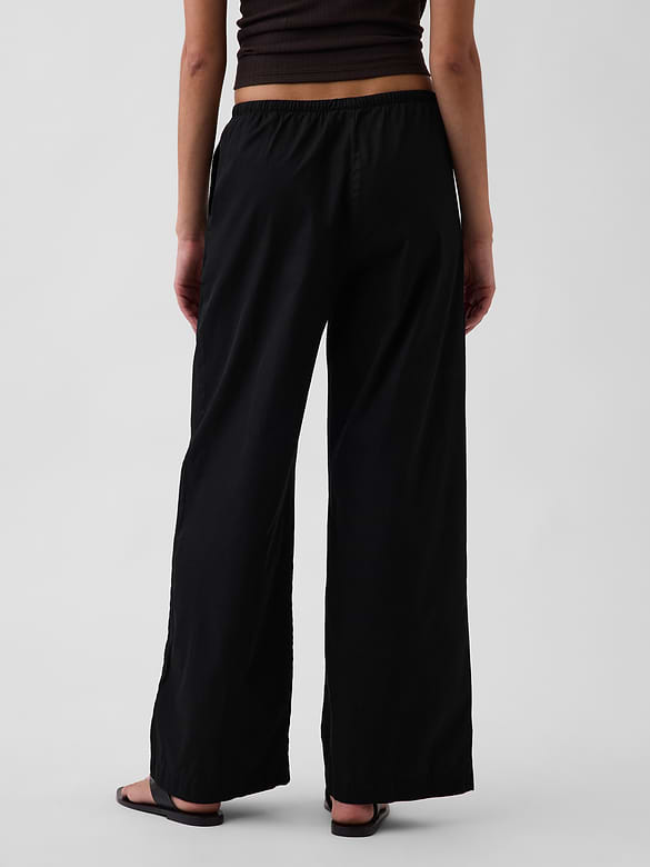 Mid Rise Poplin Relaxed Easy Wide-Leg Pants