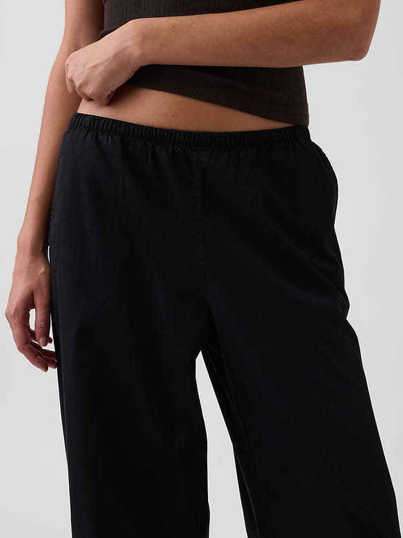 Mid Rise Poplin Relaxed Easy Wide-Leg Pants