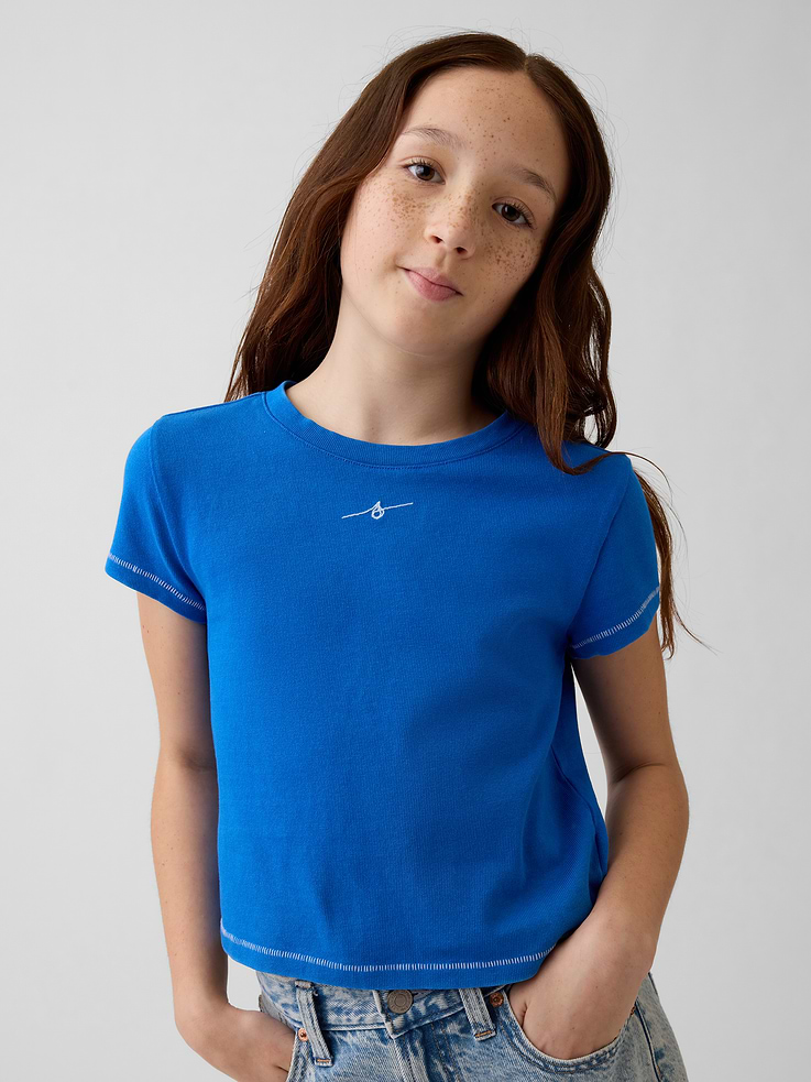 Image 1 of 6, We’re a proud partner of Get Blue, a global water movement through Water.org — helping bring safe water to families around the world., Soft, ribbed knit cotton T-shirt., Crewneck., Short sleeves., Assorted Get Blue logos and graphics., This product was made in a factory that invests in gender equity and women’s empowerment through RISE. Learn more at gapinc.com/equity ., Product #899891