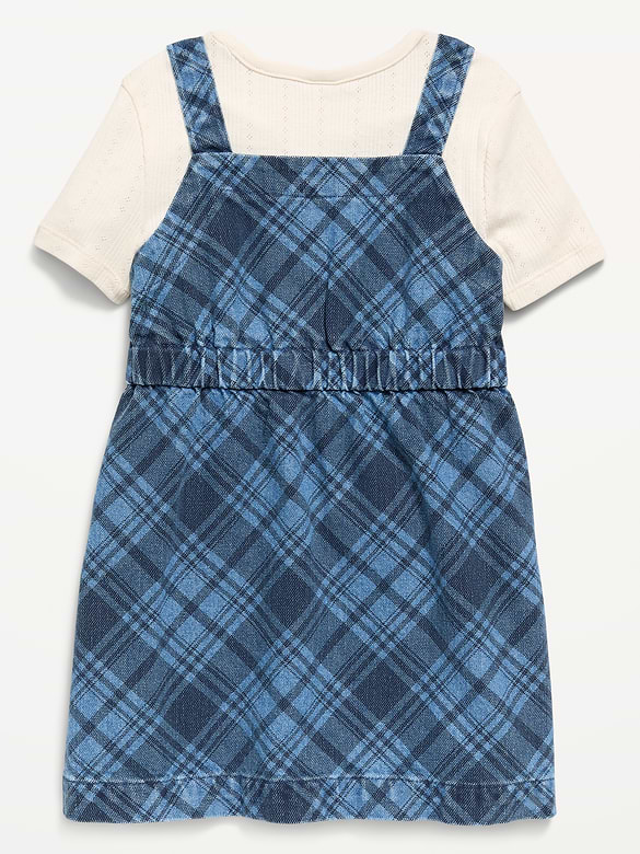 Sleeveless Plaid Denim Dress and T-Shirt Set for Toddler Girls