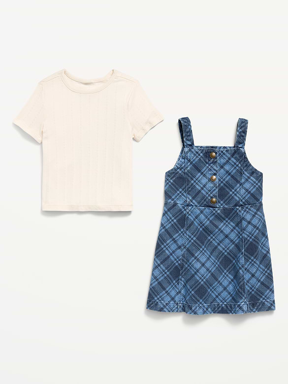 Sleeveless Plaid Denim Dress and T-Shirt Set for Toddler Girls