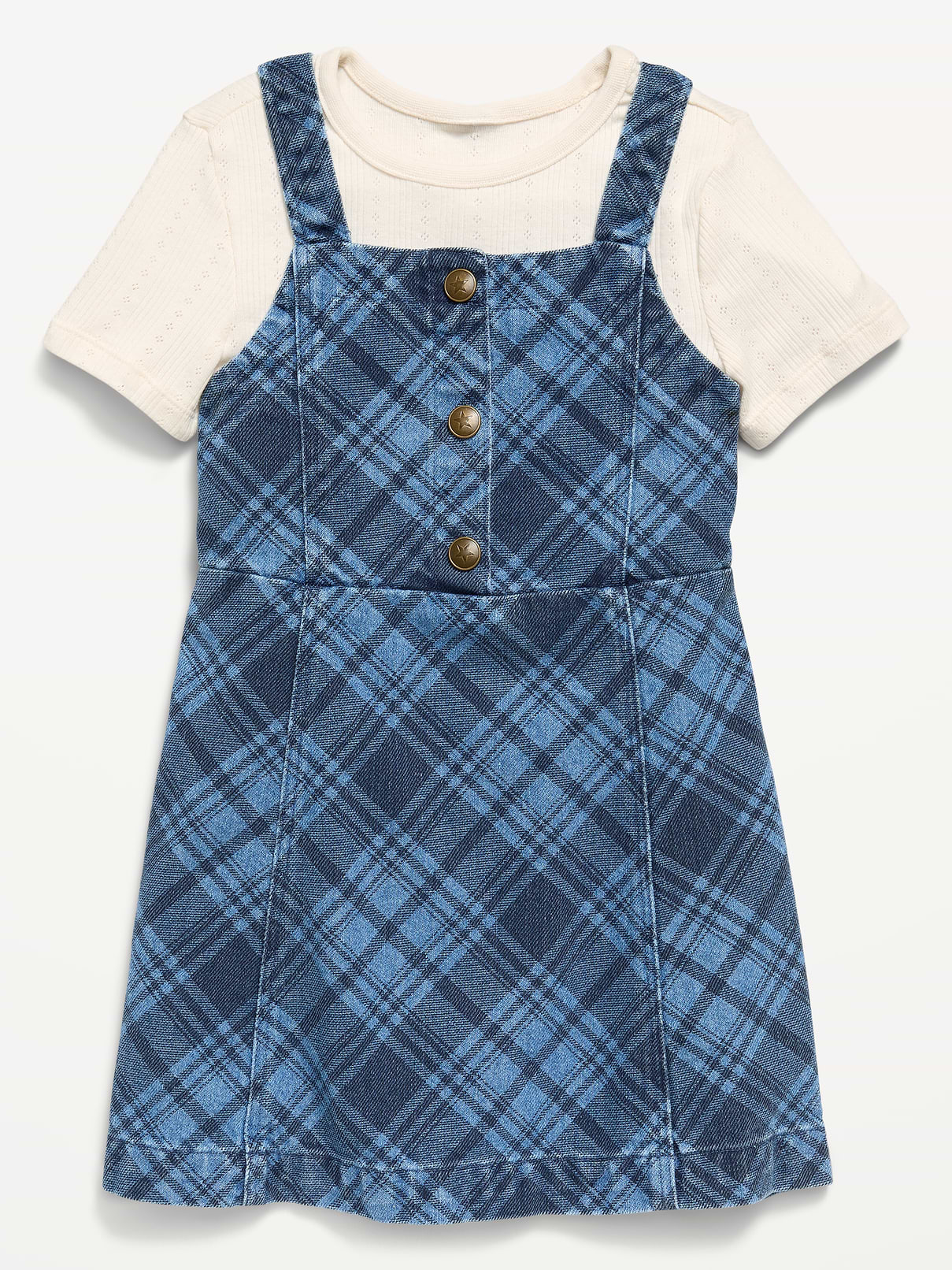 Image number 2 showing, Sleeveless Plaid Denim Dress and T-Shirt Set for Toddler Girls