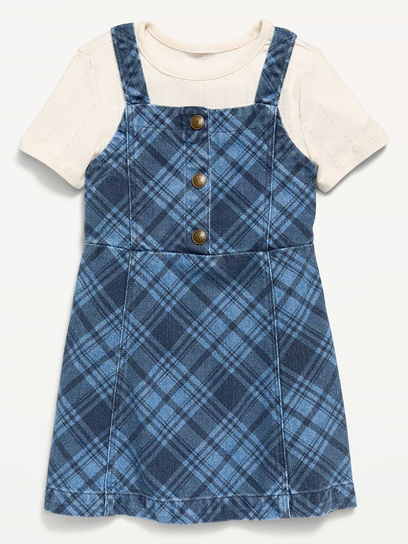 Sleeveless Plaid Denim Dress and T-Shirt Set for Toddler Girls