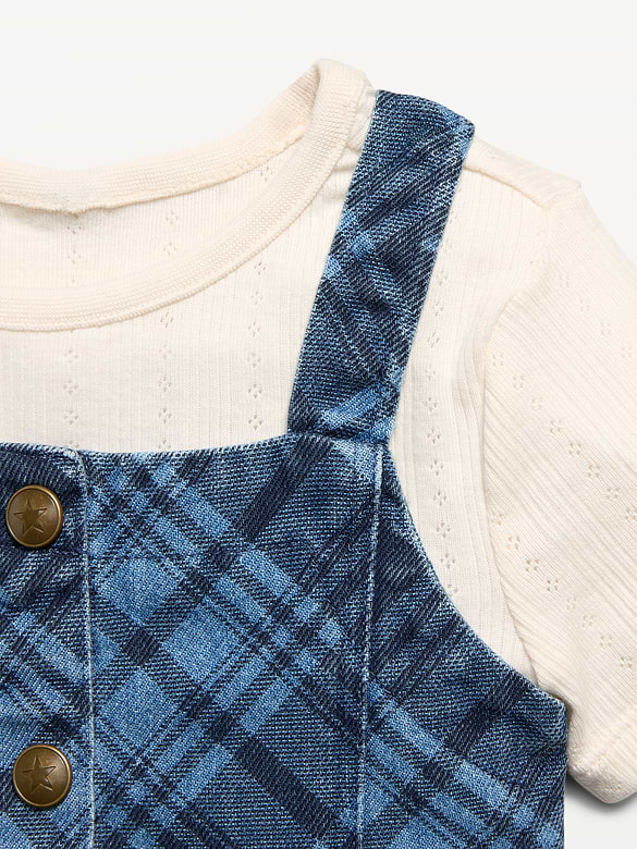 Sleeveless Plaid Denim Dress and T-Shirt Set for Toddler Girls