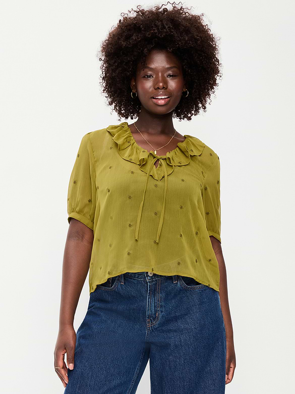 Sheer Ruffle Collar Tie-Front Chiffon Top