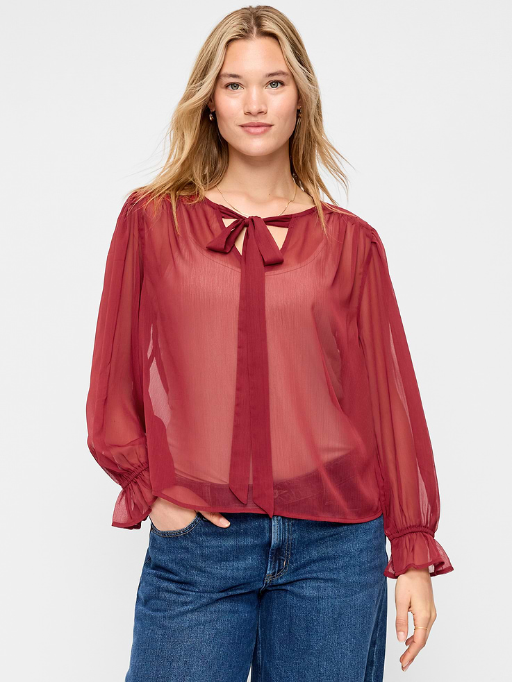 Image number 5 showing, Long-Sleeve Chiffon Tie-Front Top