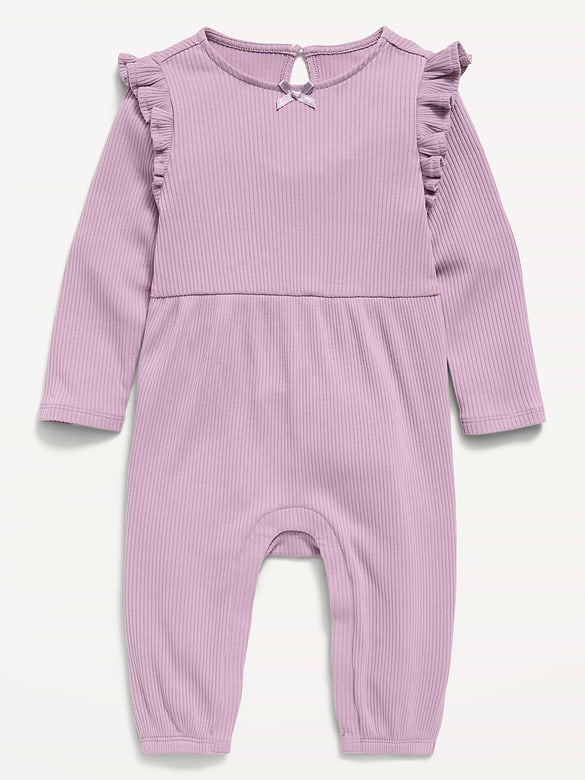 Long-Sleeve Ribbed Ruffle-Trim Jumpsuit for Baby
