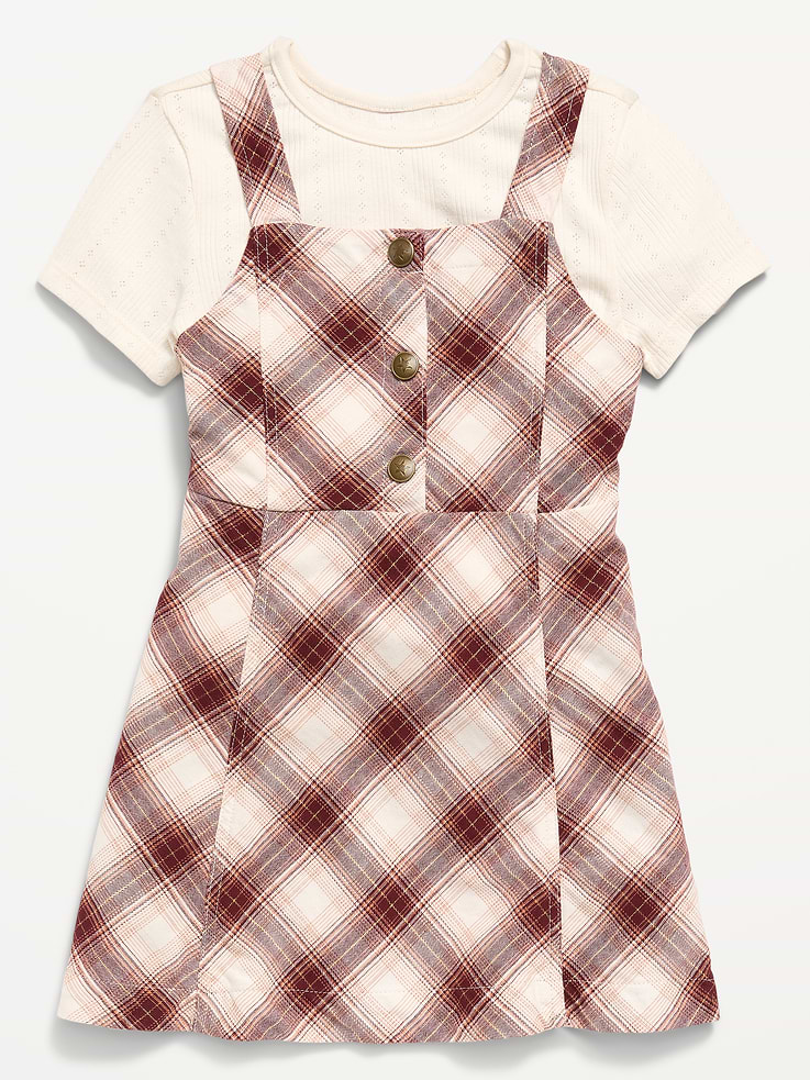 Image 1 of 3, dress has square neckline, wide shoulder straps, functional placket, seamed waist, elasticized backing, coordinating t-shirt, crew neck, short sleeves, Product #897310