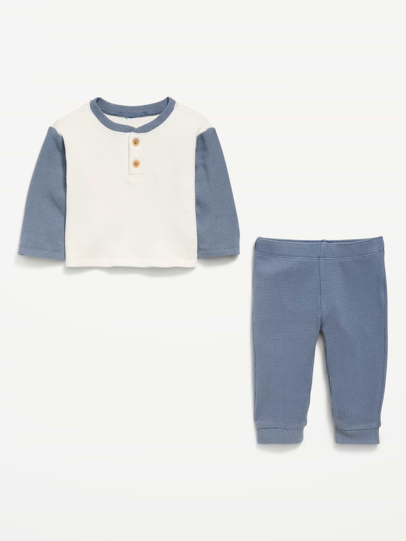 Long-Sleeve Waffle-Knit Henley Top and Pants Set for Baby