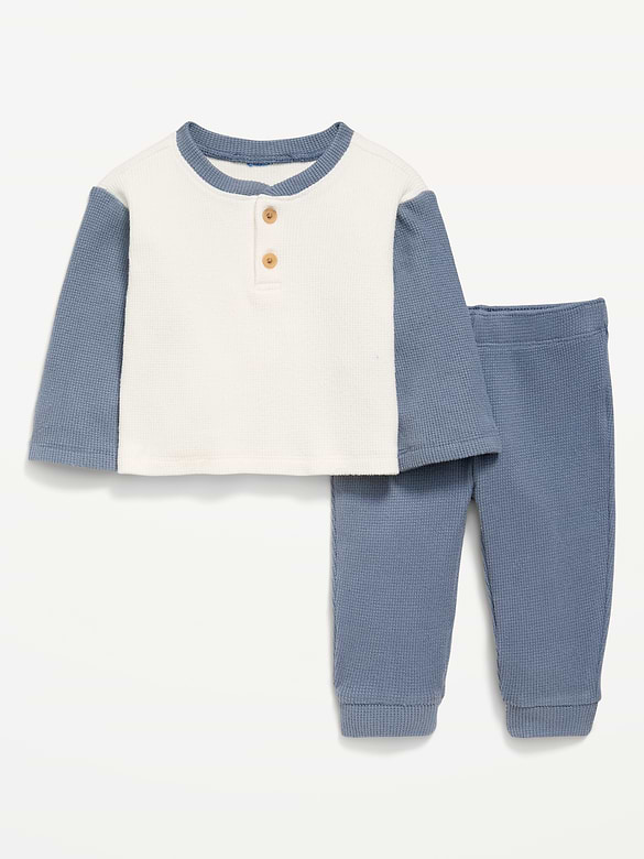 Long-Sleeve Waffle-Knit Henley Top and Pants Set for Baby