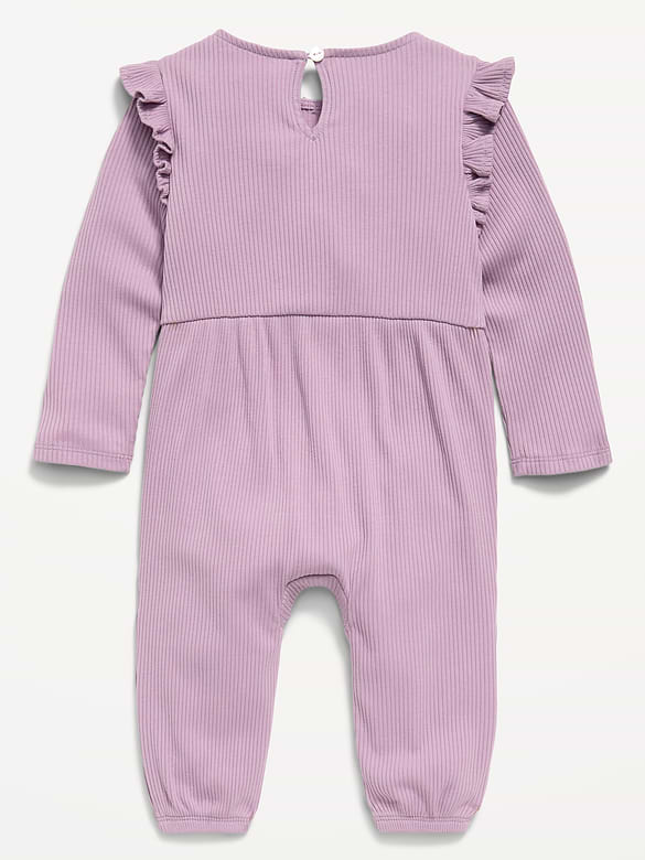 Long-Sleeve Ribbed Ruffle-Trim Jumpsuit for Baby