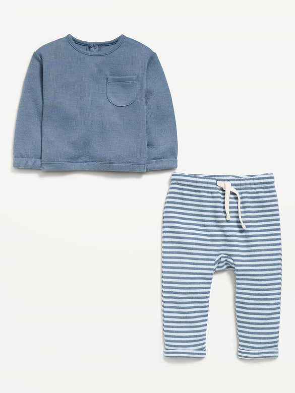 Long-Sleeve Ribbed Pocket T-Shirt and Pants Set for Baby