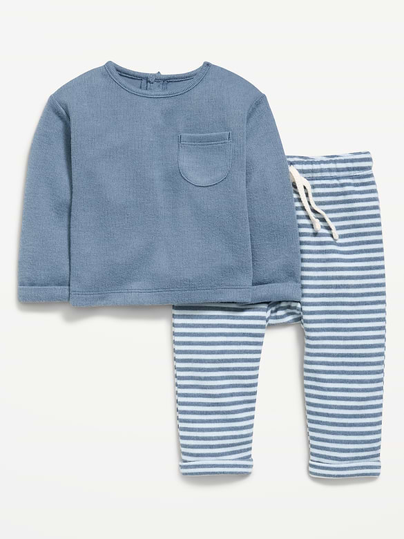 Long-Sleeve Ribbed Pocket T-Shirt and Pants Set for Baby