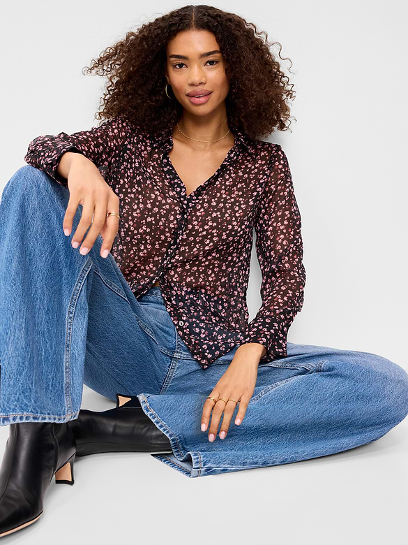 Sheer Chiffon Button-Down Shirt
