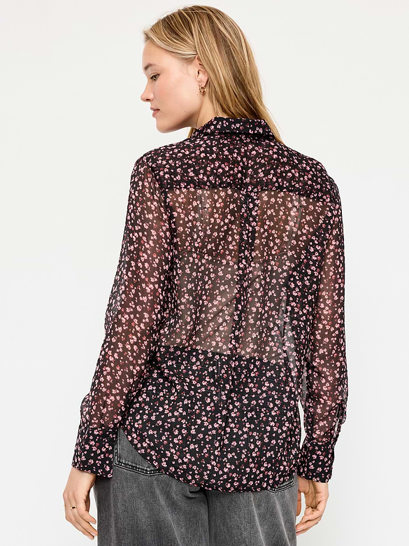 Sheer Chiffon Button-Down Shirt