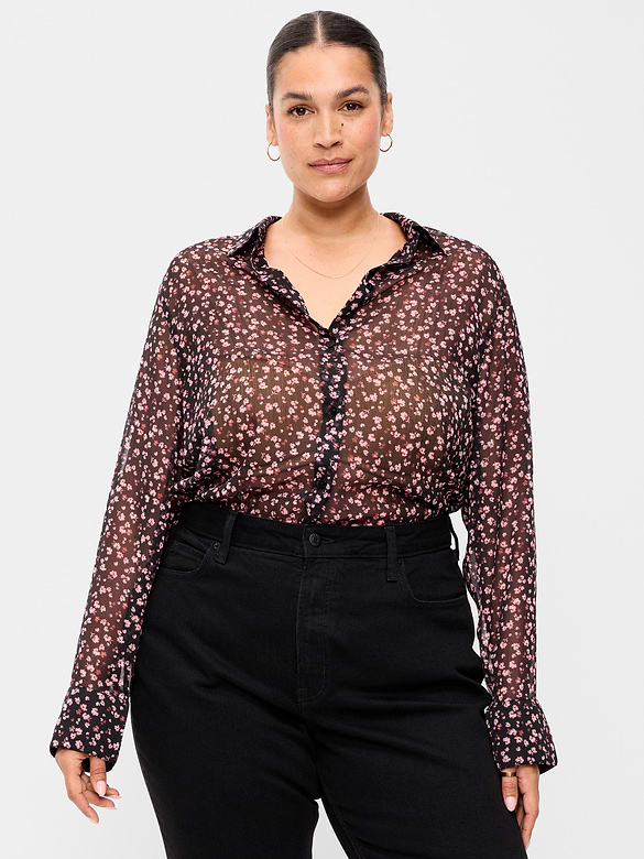 Sheer Chiffon Button-Down Shirt