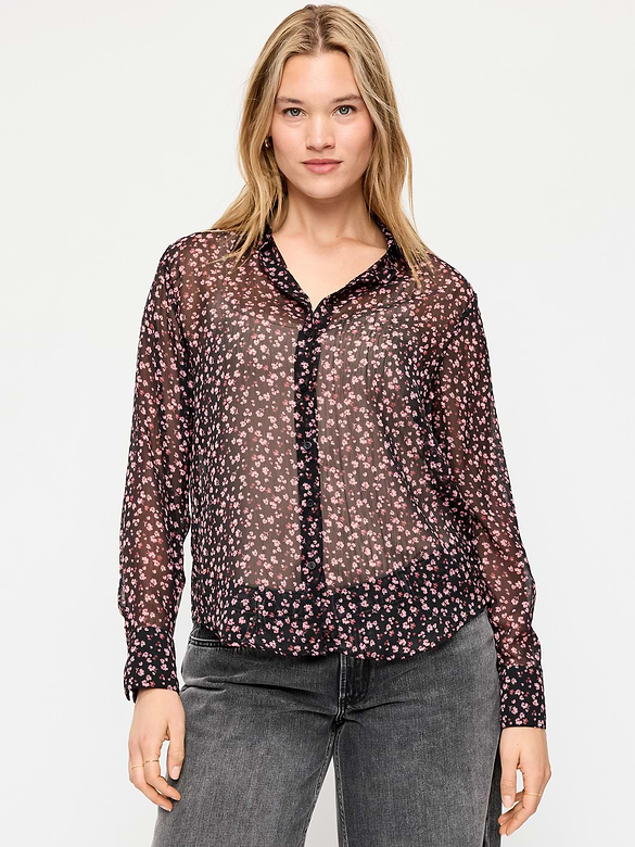 Sheer Chiffon Button-Down Shirt