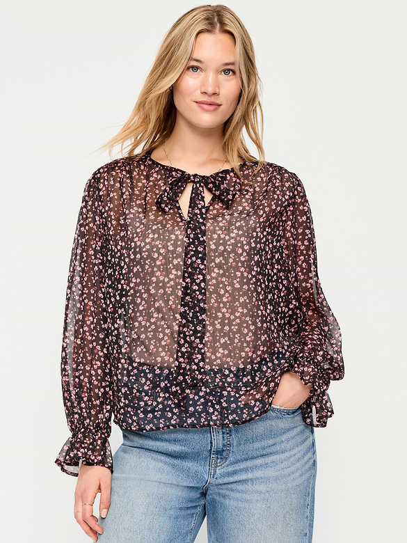 Chiffon Semi-Sheer Tie-Front Top