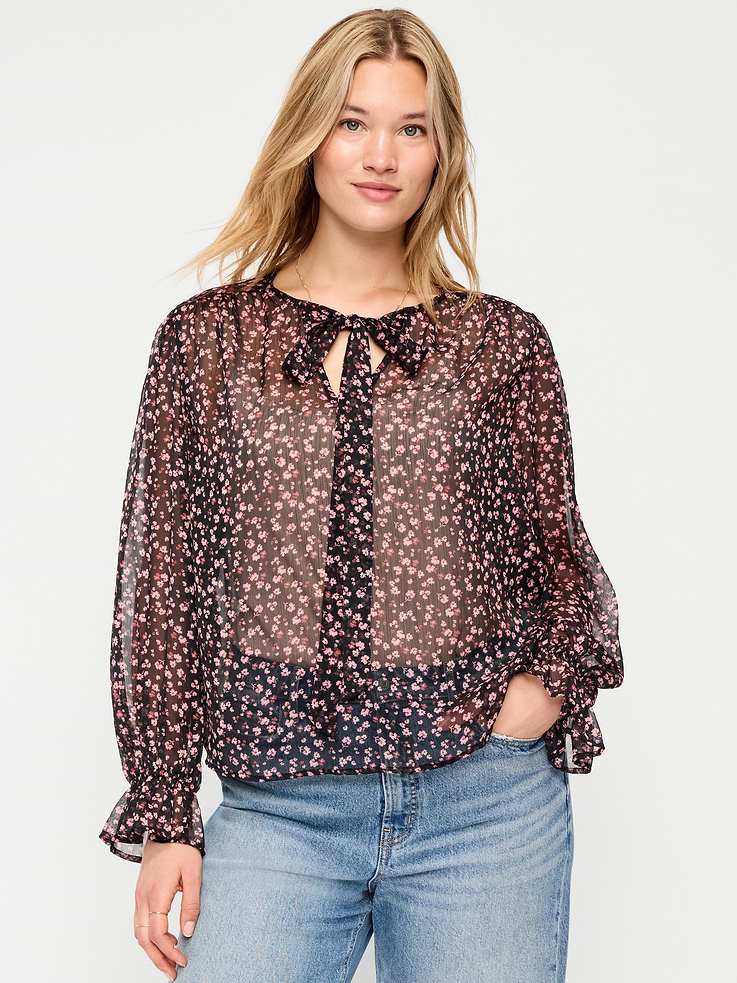 Image number 5 showing, Chiffon Semi-Sheer Tie-Front Top