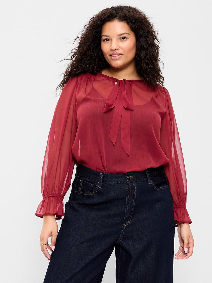 Image number 7 showing, Long-Sleeve Chiffon Tie-Front Top