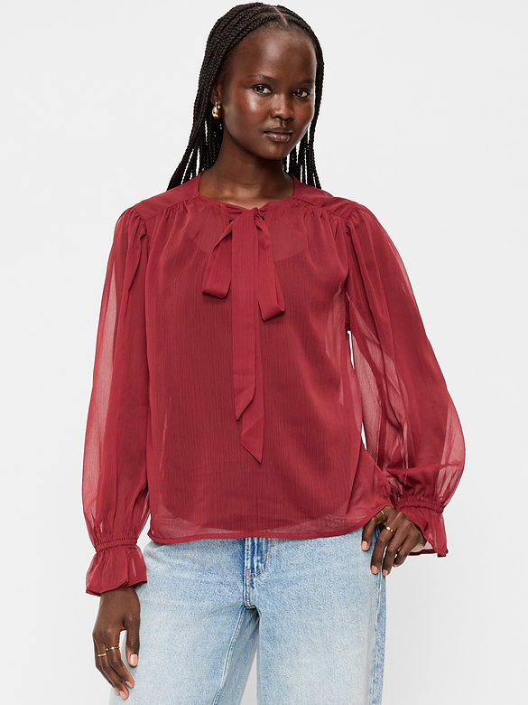 Long-Sleeve Chiffon Tie-Front Top