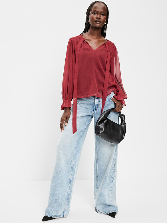Long-Sleeve Chiffon Tie-Front Top