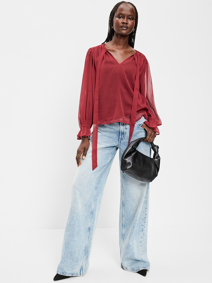 Image number 3 showing, Long-Sleeve Chiffon Tie-Front Top