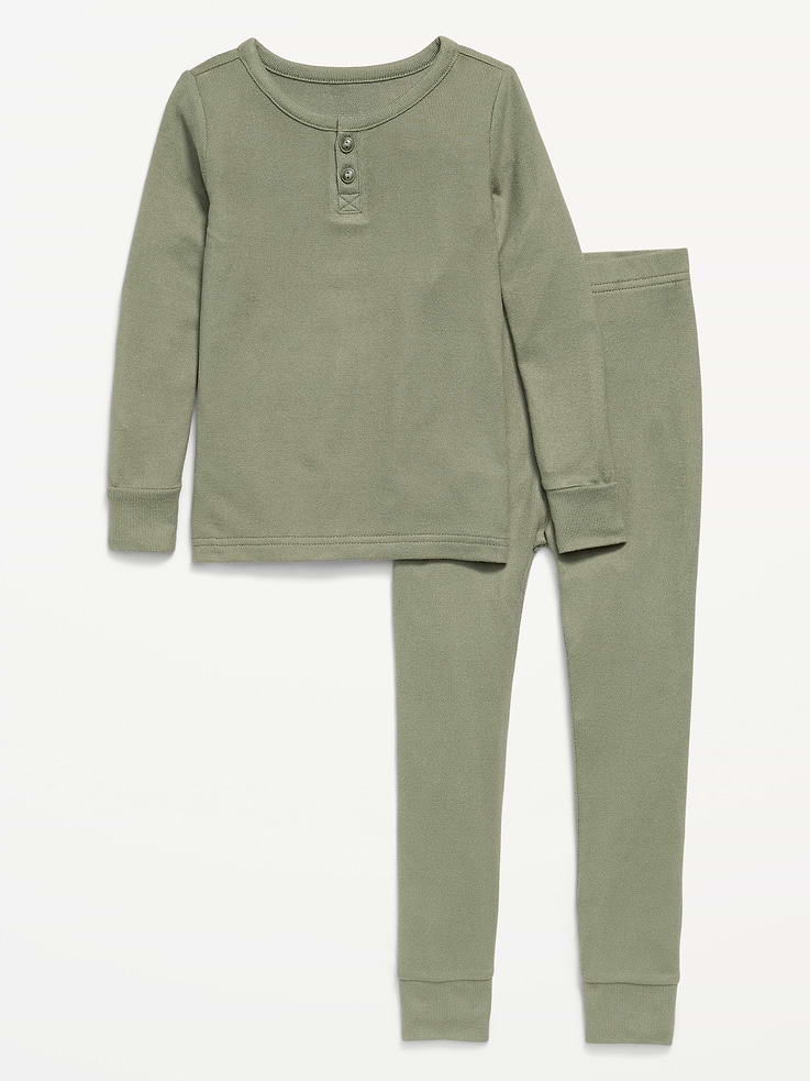 Image 1 of 2, Featuring SoftMode: our snuggliest, softest, brushed jersey., crew neck, long sleeves, two-button henley placket, matching pajama pants, elasticized waistband, Product #910576