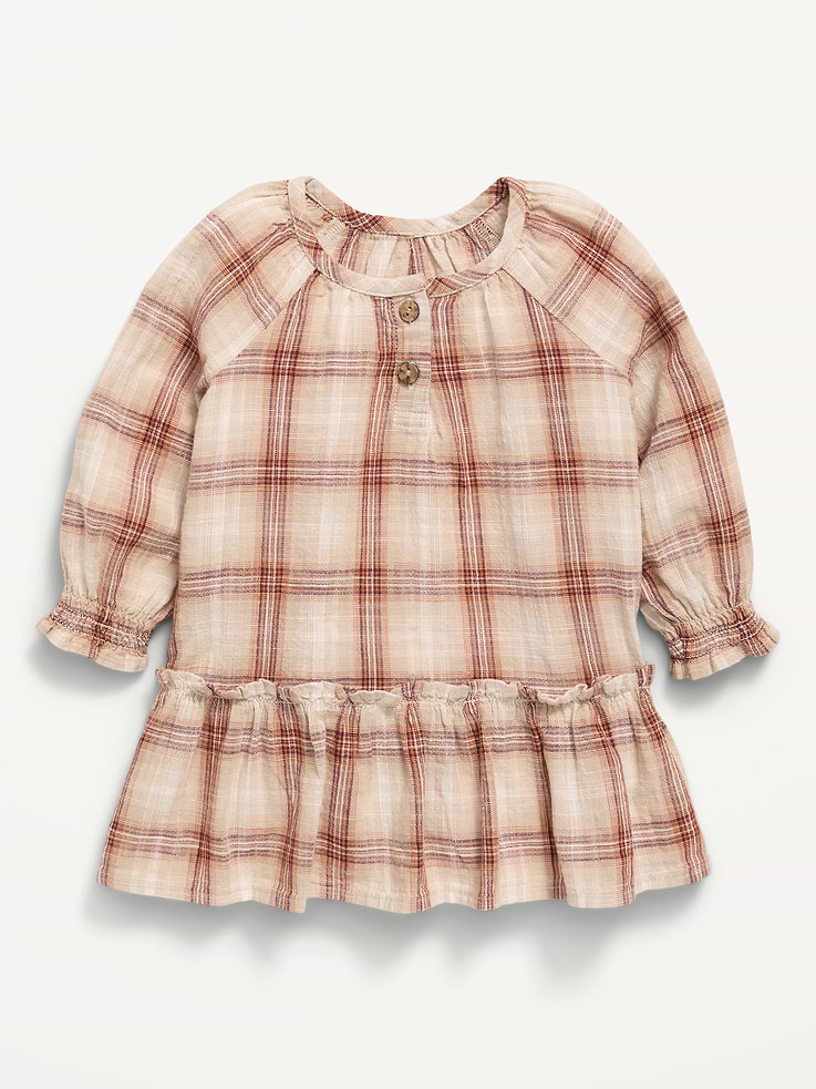 Image 1 of 3, round neckline, long raglan sleeves, two-button placket, ruffled hem, all-over plaid, Product #911207