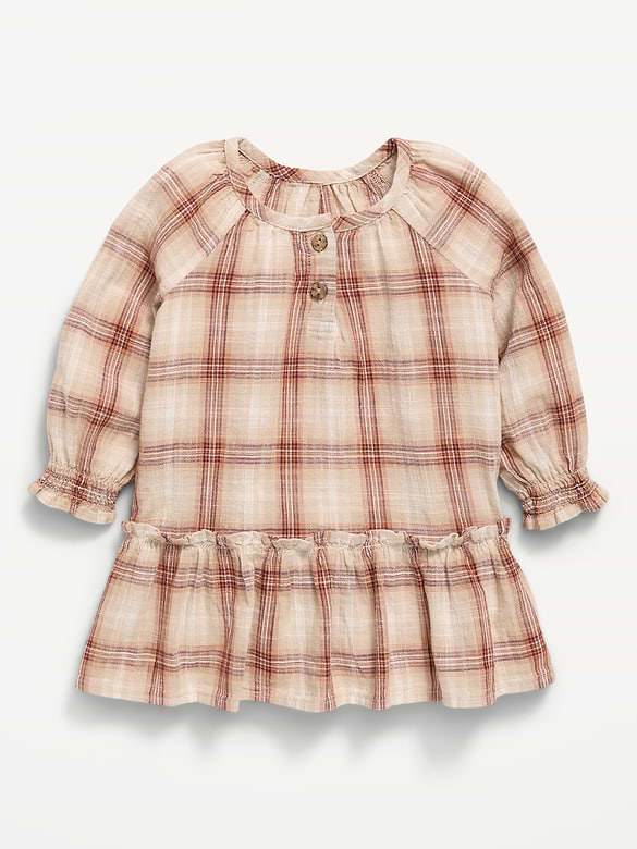 Long-Sleeve Plaid Ruffled Swing Dress for Baby